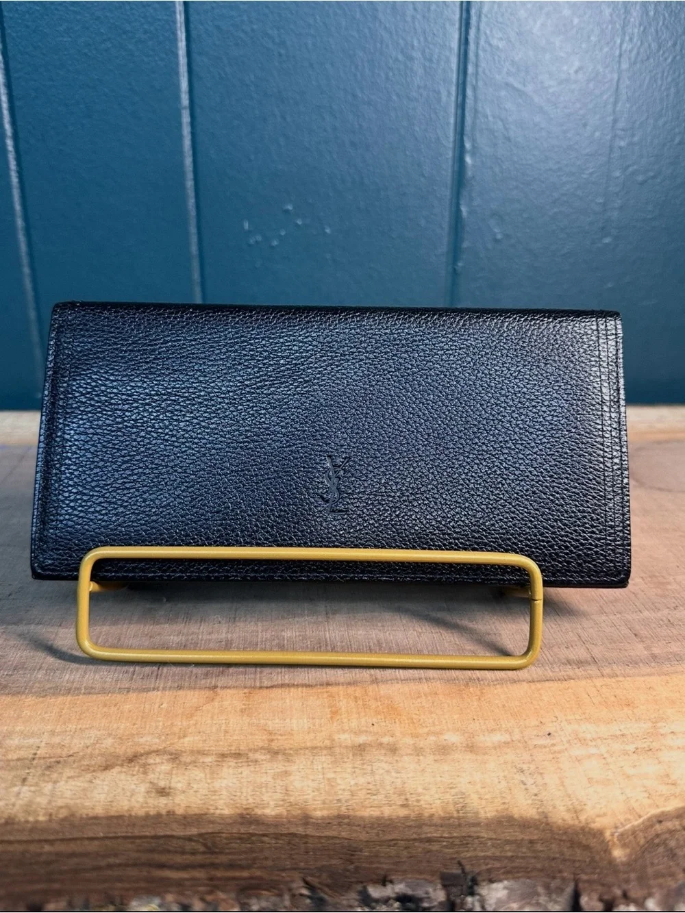 YSL Saint Laurent Monogram Black Leather Wallet Textured Grain Gold Logo Bifold